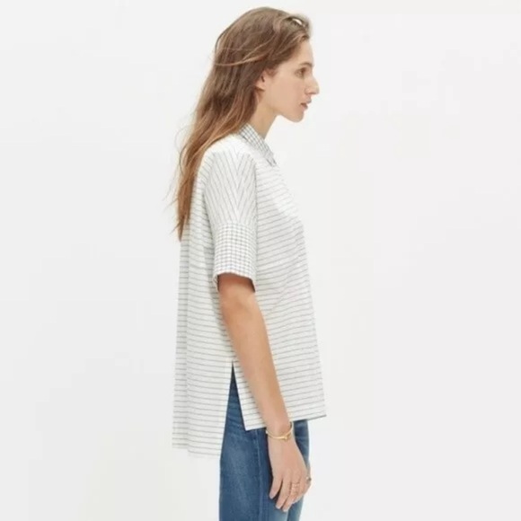 Madewell Grid Mix Stripe Short Sleeve Shirt Blouse Button Front Oversized Top XS - Picture 3 of 10